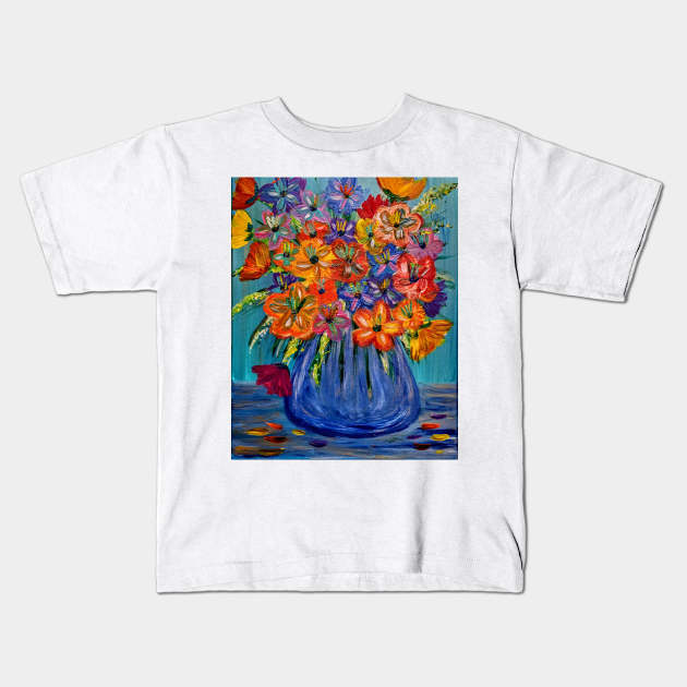 A lovely boutique of abstract bright and vibrant l flowers in a tall glass vase Kids T-Shirt by kkartwork